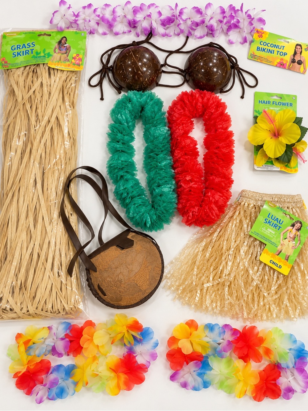 Hawaiian Luau Hula Costume Bundle Adult & Child Grass Skirts Leis Coconut Top